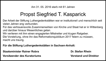 Traueranzeige von Siegfried T. Kasparick von Mitteldeutsche Zeitung Wittenberg