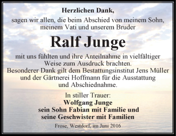Traueranzeige von Ralf Junge von Super Sonntag Aschersleben