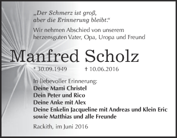 Traueranzeige von Manfred Scholz von Super Sonntag Wittenberg