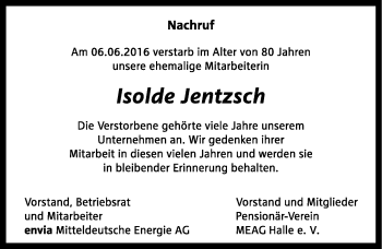 Traueranzeige von Isolde Jentzsch von Mitteldeutsche Zeitung Halle/Saalkreis