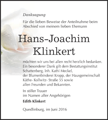 Traueranzeige von Hans-Joachim Klinkert von Super Sonntag Quedlinburg