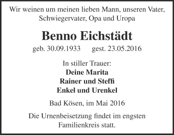 Traueranzeige von Benno Eichstädt von WVG - Wochenspiegel NMB / WSF / ZTZ
