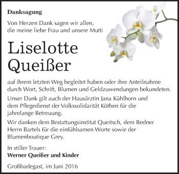Traueranzeige von Liselotte Queißer von Mitteldeutsche Zeitung Köthen