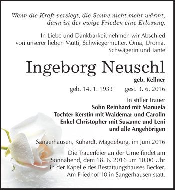 Traueranzeige von Ingeborg Neuschl von Mitteldeutsche Zeitung Sangerhausen