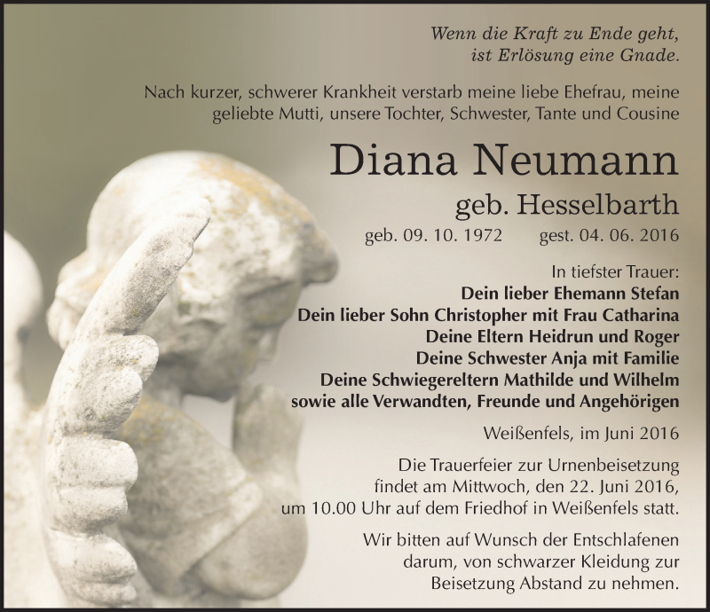  Traueranzeige für Diana Neumann vom 11.06.2016 aus Mitteldeutsche Zeitung Weißenfels