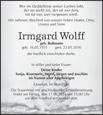 Traueranzeige von Irmgard Wolff von WVG - Wochenspiegel Merseburg
