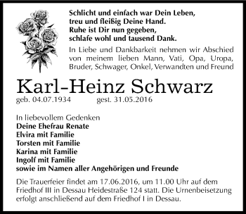 Traueranzeige von Karl-Heinz Schwarz von Mitteldeutsche Zeitung Dessau-Roßlau