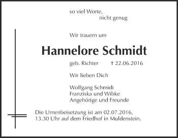 Traueranzeige von Hannelore Schmidt von WVG - Wochenspiegel Bitterfeld