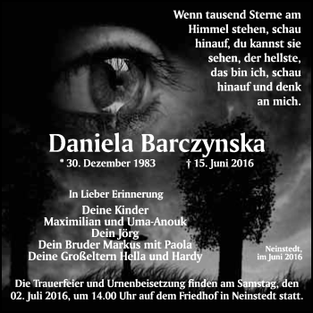 Traueranzeige von Daniela Barczynska von WVG - Wochenspiegel Quedlinburg