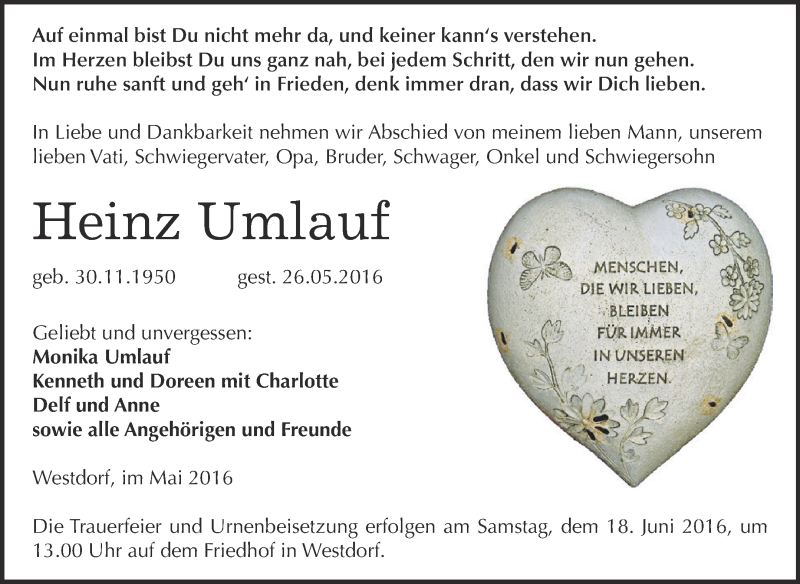  Traueranzeige für Heinz Umlauf vom 01.06.2016 aus Super Sonntag Aschersleben