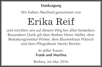 Traueranzeige von Erika Reif von WVG - Wochenspiegel Bitterfeld