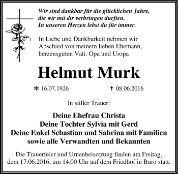 Traueranzeige von Helmut Murk von Mitteldeutsche Zeitung Dessau-Roßlau