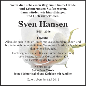 Traueranzeige von Sven Hansen von Super Sonntag Aschersleben