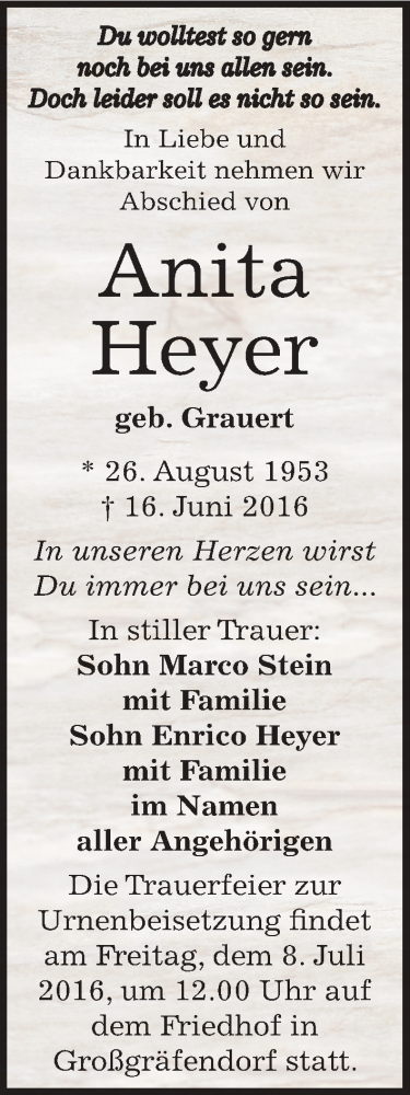  Traueranzeige für Anita Heyer vom 29.06.2016 aus Mitteldeutsche Zeitung Merseburg/Querfurt