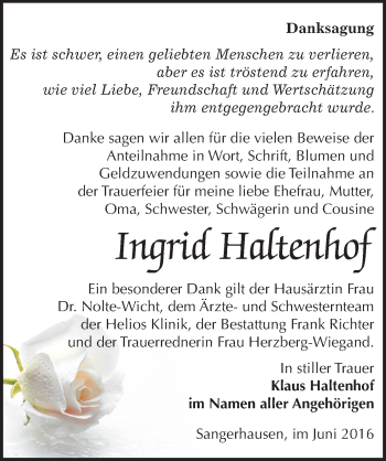 Traueranzeige von Ingrid Haltenhof von Mitteldeutsche Zeitung Sangerhausen