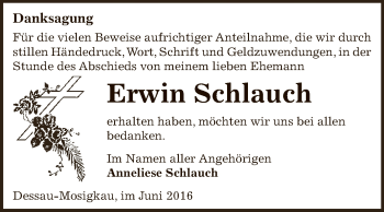 Traueranzeige von Erwin Schlauch von WVG - Wochenspiegel Dessau / Köthen
