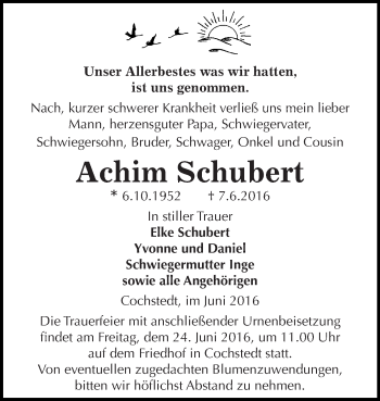 Traueranzeige von Achim Schubert von WVG - Wochenspiegel Quedlinburg