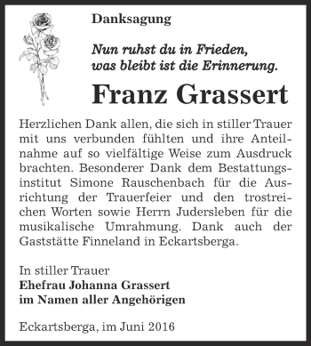 Traueranzeige von Franz Grassert von WVG - Wochenspiegel NMB / WSF / ZTZ