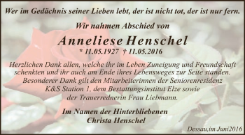 Traueranzeige von Anneliese Henschel von WVG - Wochenspiegel Dessau / Köthen
