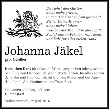 Traueranzeige von Johanna Jäkel von Super Sonntag SGH Mansf. Land