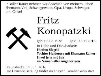 Traueranzeige von Fritz Konopatzki von Mitteldeutsche Zeitung Merseburg/Querfurt