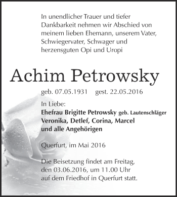 Traueranzeige von Achim Petrowsky von WVG - Wochenspiegel Merseburg