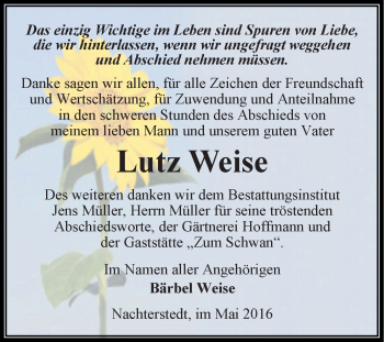 Traueranzeige von Lutz Weise von Super Sonntag Aschersleben
