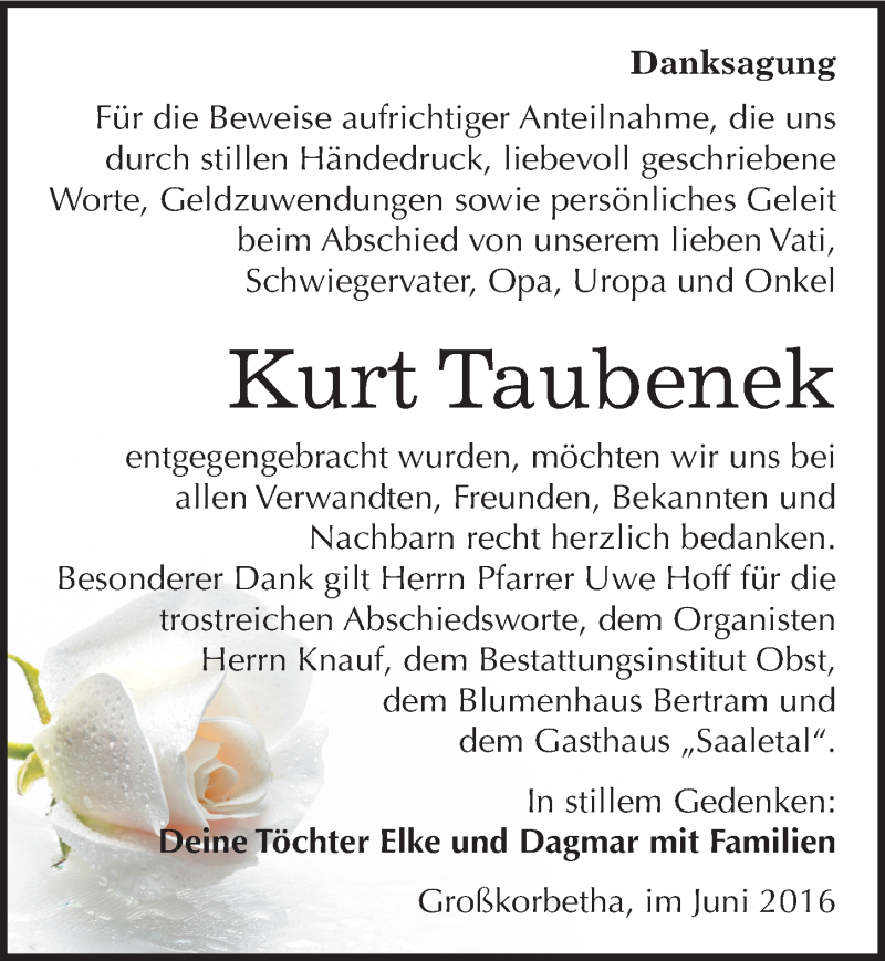  Traueranzeige für Kurt Taubenek vom 18.06.2016 aus Mitteldeutsche Zeitung Weißenfels