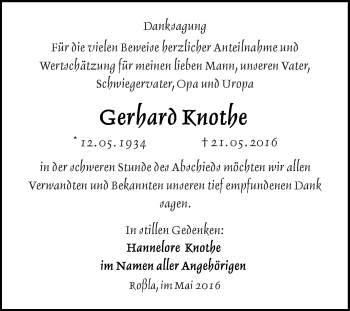 Traueranzeige von Gerhard Knothe von Super Sonntag SGH Mansf. Land