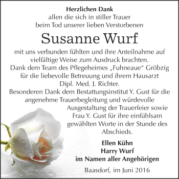 Traueranzeige von Susanne Wurf von WVG - Wochenspiegel Dessau / Köthen