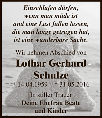 Traueranzeige von Lothar Gerhard Schulze von WVG - Wochenspiegel Dessau / Köthen