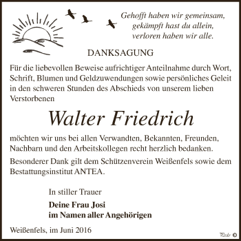 Traueranzeige von Walter Friedrich von WVG - Wochenspiegel NMB / WSF / ZTZ