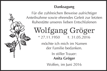 Traueranzeige von Wolfgang Gröger von WVG - Wochenspiegel Bitterfeld