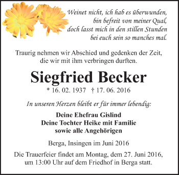 Traueranzeige von Siegfried Becker von Mitteldeutsche Zeitung Sangerhausen
