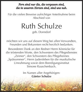 Traueranzeige von Ruth Schulze von WVG - Wochenspiegel NMB / WSF / ZTZ