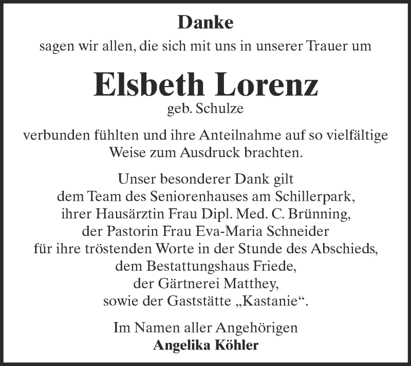  Traueranzeige für Elsbeth Lorenz vom 11.06.2016 aus WVG - Wochenspiegel Dessau / Köthen