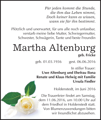 Traueranzeige von Martha Altenburg von Mitteldeutsche Zeitung Sangerhausen