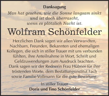 Traueranzeige von Wolfram Schönfelder von WVG - Wochenspiegel Merseburg