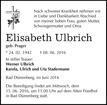 Traueranzeige von Elisabeth Ulbrich von Mitteldeutsche Zeitung Merseburg/Querfurt