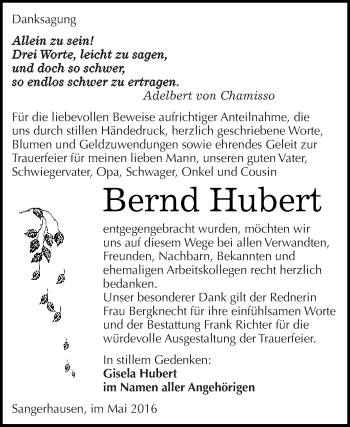 Traueranzeige von Bernd Hubert von WVG - Wochenspiegel SGH