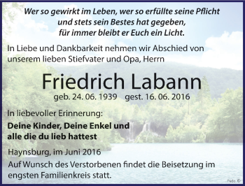 Traueranzeige von Friedrich Labann von Mitteldeutsche Zeitung Zeitz