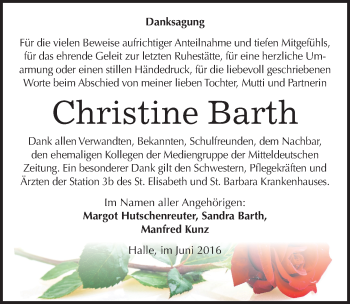 Traueranzeige von Christine Barth von Mitteldeutsche Zeitung Halle/Saalkreis