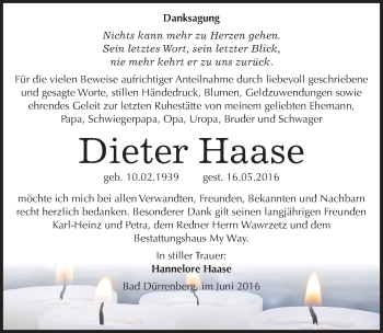 Traueranzeige von Dieter Haase von Mitteldeutsche Zeitung Merseburg/Querfurt