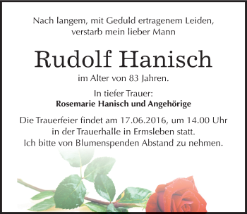 Traueranzeige von Rudolf Hanisch von Mitteldeutsche Zeitung Quedlinburg
