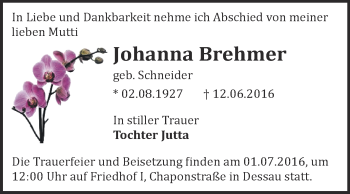 Traueranzeige von Johanna Brehmer von WVG - Wochenspiegel Dessau / Köthen