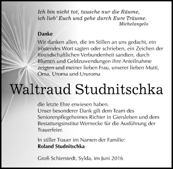 Traueranzeige von Waltraud Studnitschka von Mitteldeutsche Zeitung Aschersleben