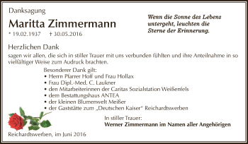Traueranzeige von Maritta Zimmermann von WVG - Wochenspiegel NMB / WSF / ZTZ