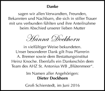 Traueranzeige von Hanna Dockhorn von Mitteldeutsche Zeitung Aschersleben