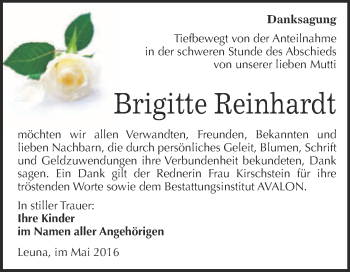 Traueranzeige von Brigitte Reinhardt von WVG - Wochenspiegel Merseburg