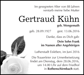 Traueranzeige von Gertraud Kühn von Super Sonntag SGH Mansf. Land